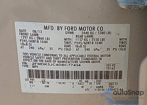 2013 Ford Edge Sel из США, поврежденный, VIN 2FMDK3JC4DBC77434